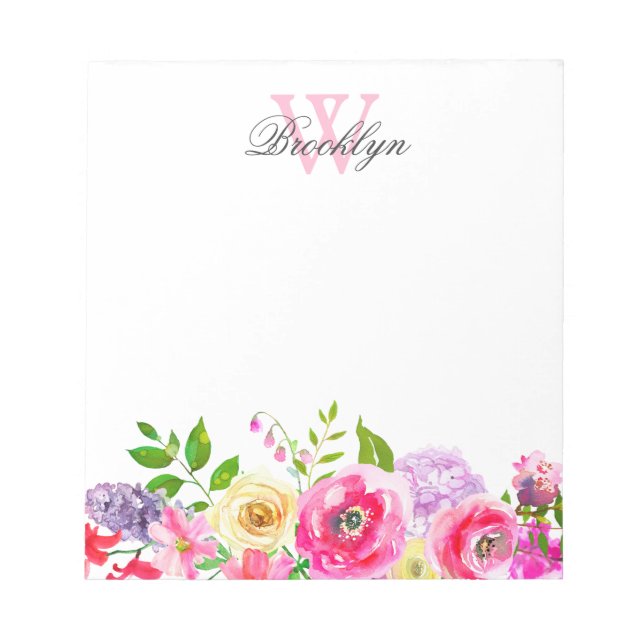 Chic Bright Pink Lila Floral Mit Monogramm Notizblock (Vorderseite)
