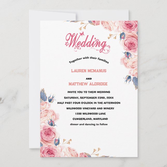 Chic Bright Pink Watercolor Floral Wedding Einladung (Vorderseite)