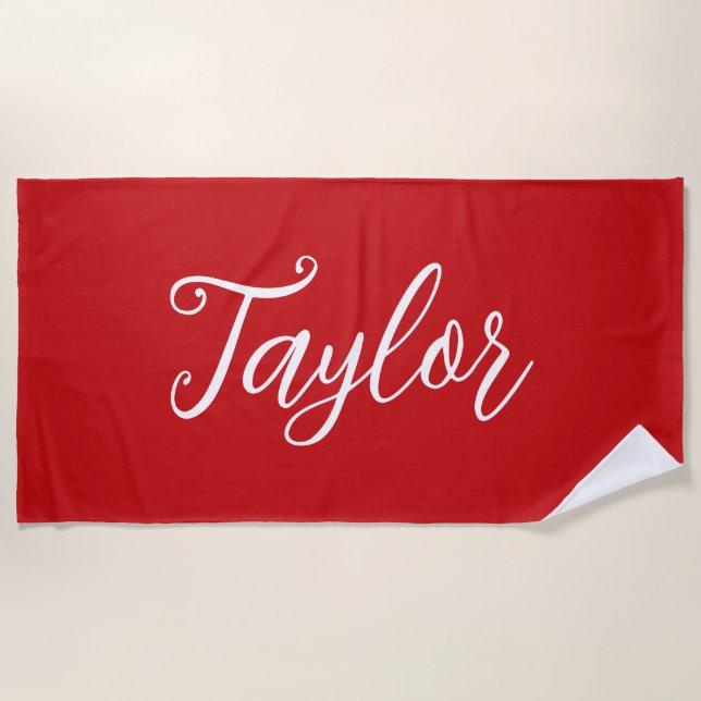 Chic Bright Red Custom Handwritten Script Strandtuch (Vorderseite)