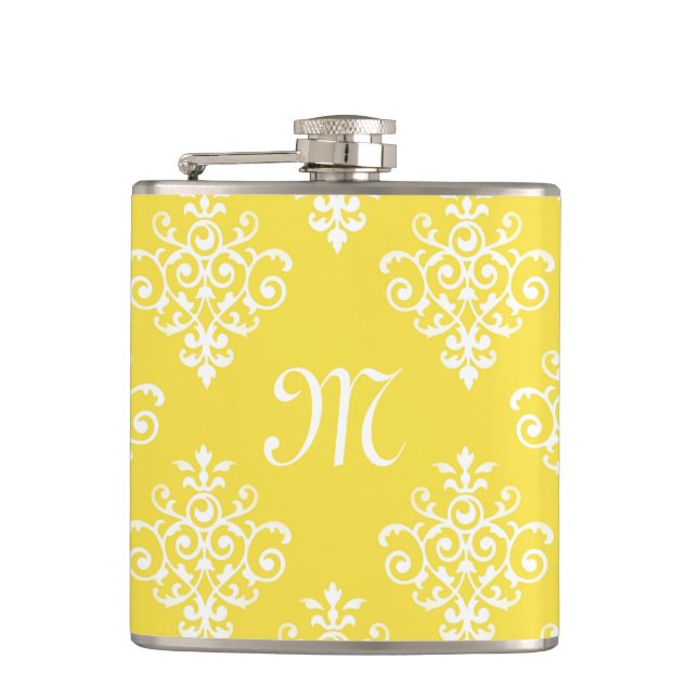Chic Bright Yellow Damask und modisches Monogramm Flachmann (Vorderseite)