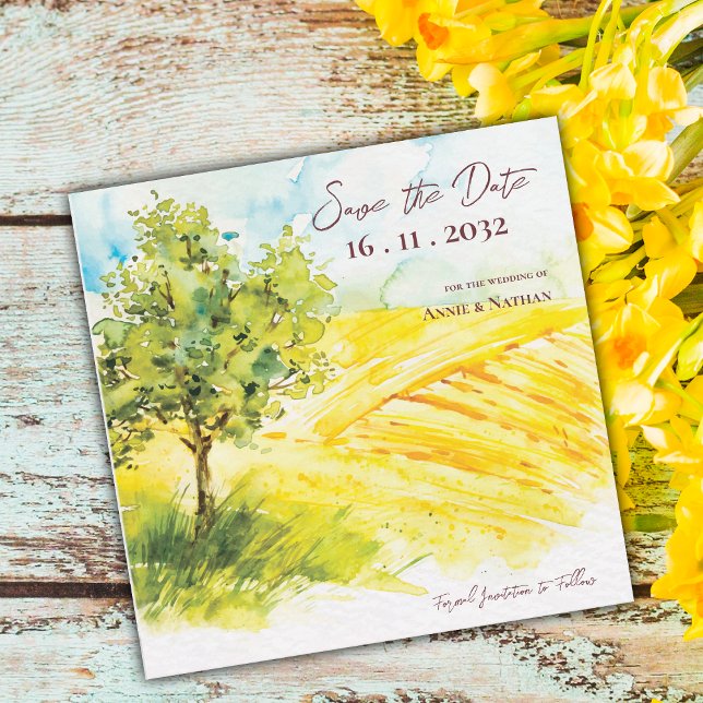 Chic Bright Yellow Farmland Landschaft Hochzeit Ankündigung (Chic Bright Yellow Farmland Landscape Wedding Announcement)