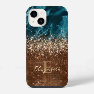 Chic Bronze Turquoise Glitzer Marmormonogramm iPhone 14 Hülle