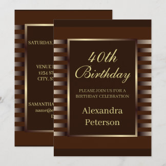 Chic Brown and Gold Streifen Geometrie Geburtstag Einladung