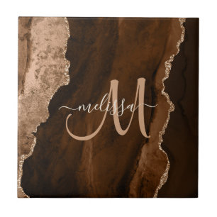Chic Brown Blush Glitzer Agate Custom Monogram Fliese