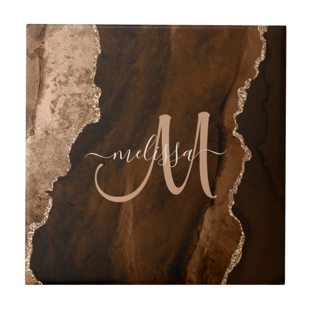 Chic Brown Blush Glitzer Agate Custom Monogram  Fliese (Vorderseite)