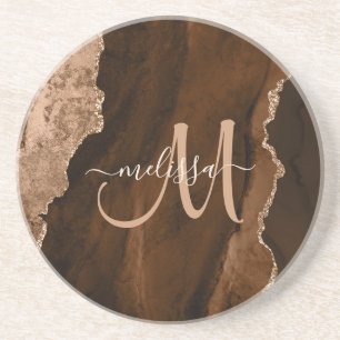 Chic Brown Blush Glitzer Agate Custom Monogram Getränkeuntersetzer