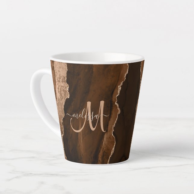 Chic Brown Blush Glitzer Agate Custom Monogram Milchtasse (Linke Ecke)