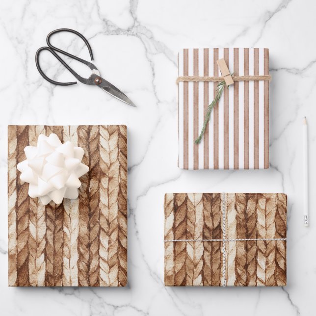 Chic Brown Cream Imitats Woven Stripes Geschenkpapier Set (Vorderseite)