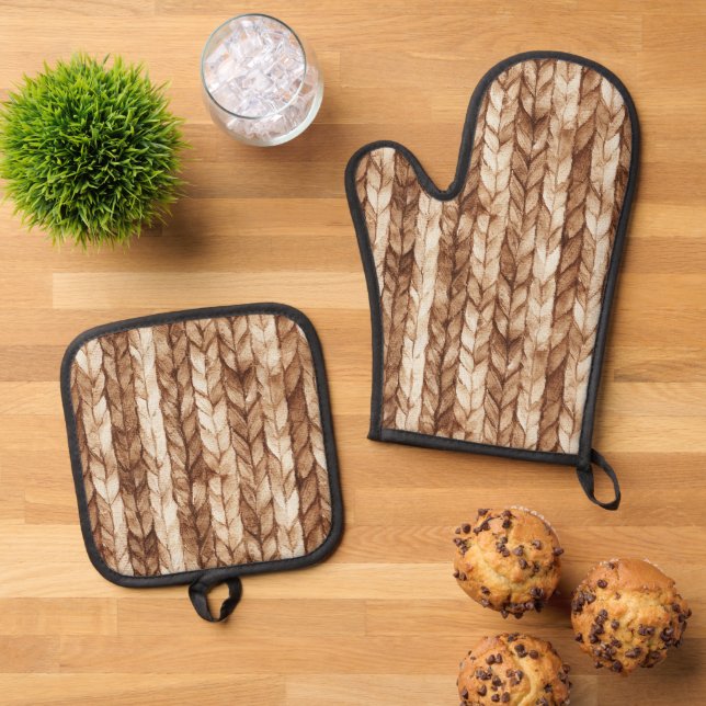Chic Brown Cream Imitats Woven Stripes Ofenhandschuh & Topflappen-Set (Oben Unten)