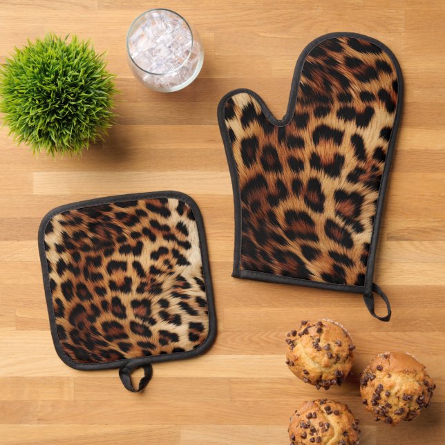 Chic Brown Cream Leopard Ofenhandschuh & Topflappen-Set (Oben Unten)