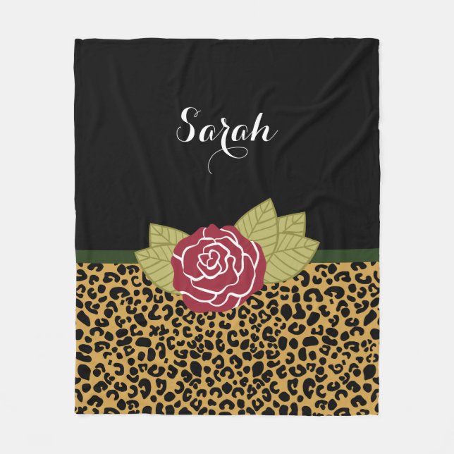 Chic Brown Gold Leopard Print Rote Rose mit Namen Fleecedecke (Vorderseite)