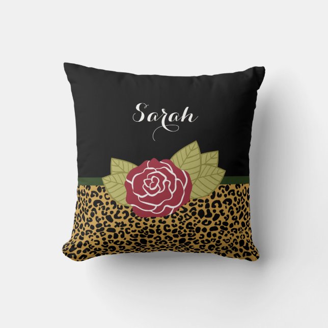 Chic Brown Gold Leopard Print Rote Rose mit Namen Kissen (Vorderseite)