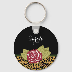 Chic Brown Gold Leopard Print Rote Rose mit Namen Schlüsselanhänger