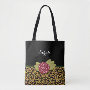 Chic Brown Gold Leopard Print Rote Rose mit Namen Tasche