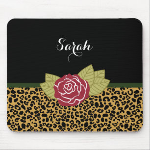 Chic-Brown-Goldleopard-Druck-Rote Rose mit Namen Mousepad
