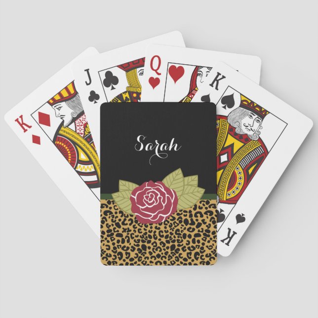 Chic-Brown-Goldleopard-Druck-Rote Rose mit Namen Spielkarten (Rückseite)