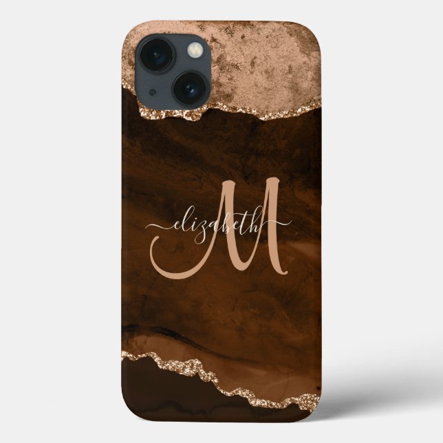 Chic Brown Rose Gold Glitzer Agate Custom Monogram Case-Mate iPhone Hülle (Rückseite)