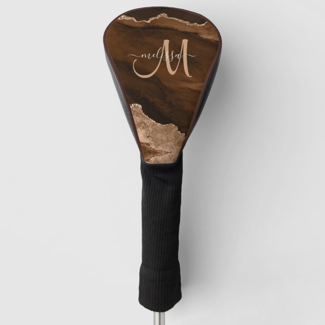 Chic Brown Rose Gold Glitzer Agate Custom Monogram Golf Headcover (Vorderseite)