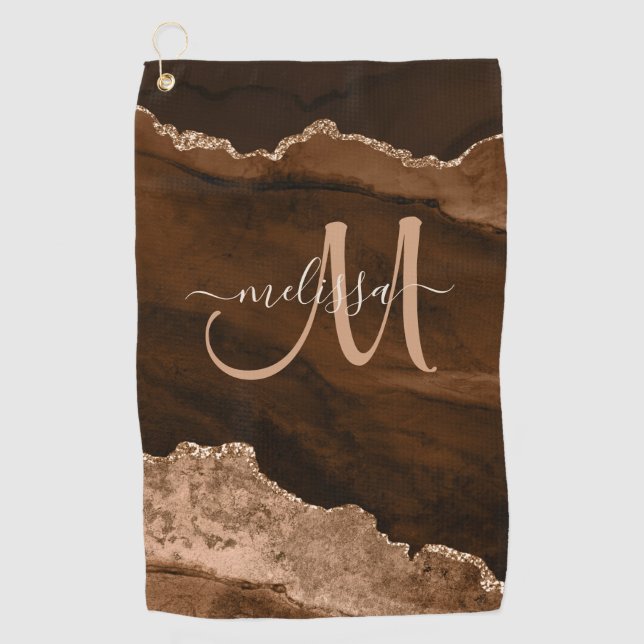 Chic Brown Rose Gold Glitzer Agate Custom Monogram Golfhandtuch (Vorderseite)