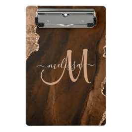 Chic Brown Rose Gold Glitzer Agate Custom Monogram Mini Klemmbrett
