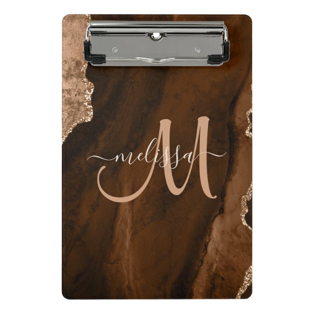 Chic Brown Rose Gold Glitzer Agate Custom Monogram Mini Klemmbrett (Vorderseite)