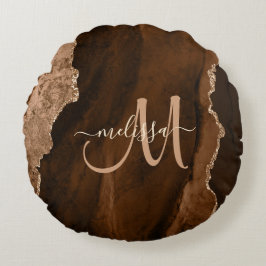 Chic Brown Rose Gold Glitzer Agate Custom Monogram Rundes Kissen