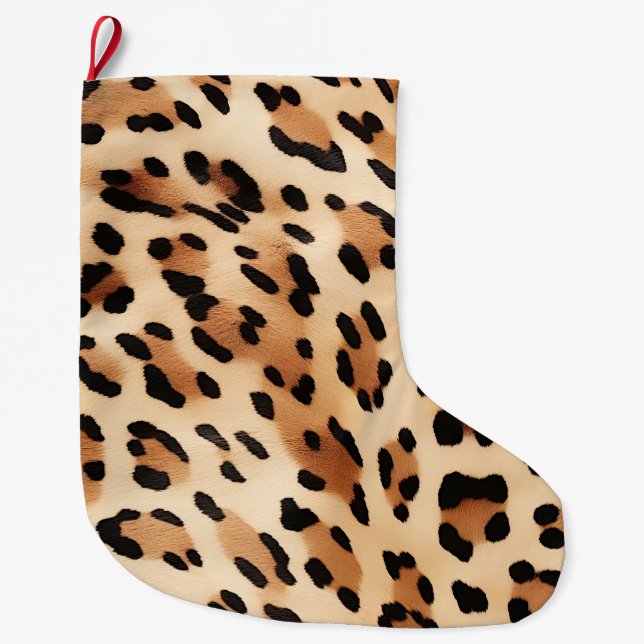 Chic Brown White Leopard Print Großer Weihnachtsstrumpf (Vorderseite)