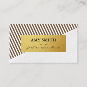 Chic Brown White Stripes Imitate Metallisches Gold Visitenkarte