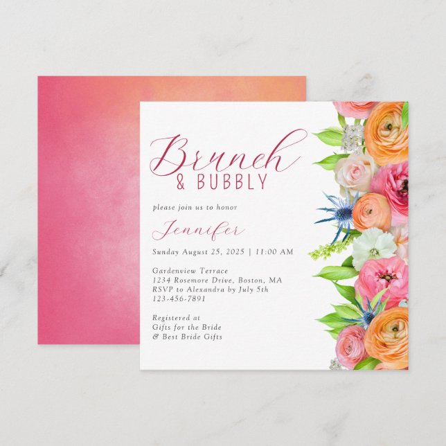 Chic Brunch und Bubbly Floral Brautparty Einladung (Vorne/Hinten)