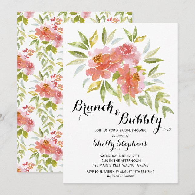 Chic Brunch und Bubbly Floral Einladung (Vorne/Hinten)