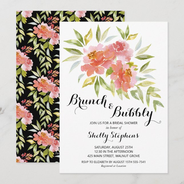 Chic Brunch und Bubbly Floral Einladung (Vorne/Hinten)
