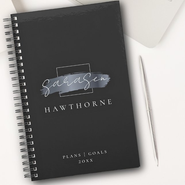 Chic Brush Stroke Black Faux Silver Grey Monogramm (Créateur téléchargé)