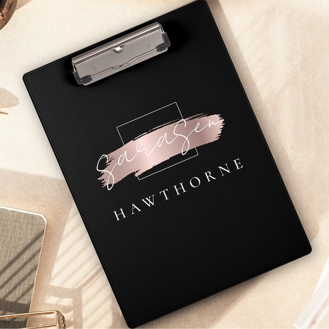 Chic Brush Stroke Black Imitats Rose Gold Monogram Klemmbrett (Von Creator hochgeladen)