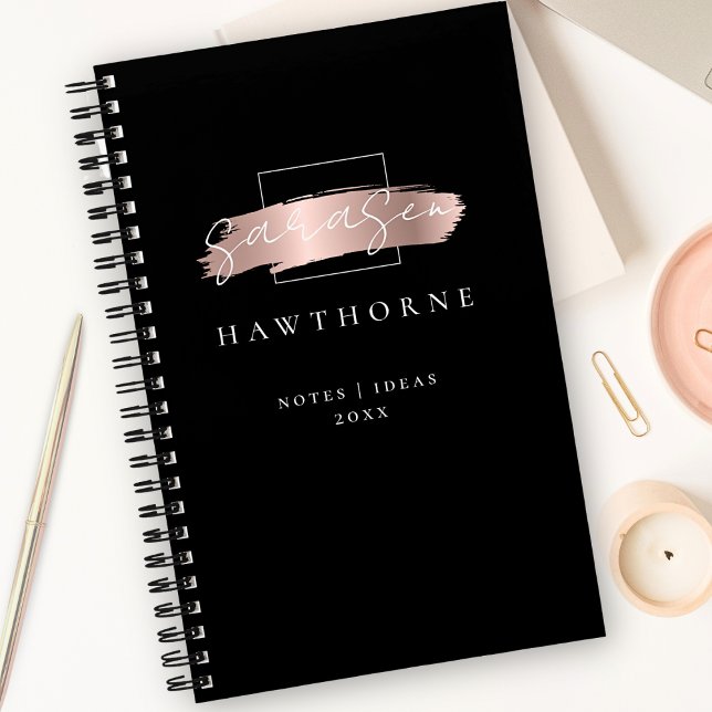 Chic Brush Stroke Black Imitats Rose Gold Monogram Notizbuch (Von Creator hochgeladen)