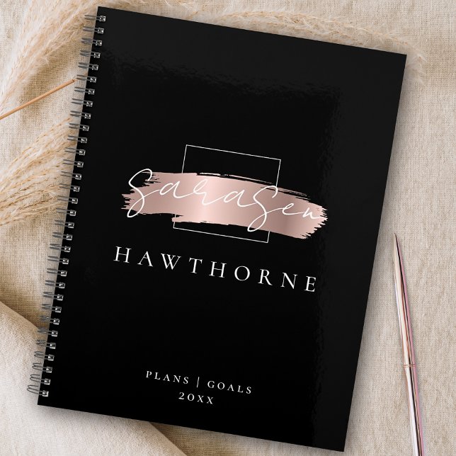 Chic Brush Stroke Black Imitats Rose Gold Monogram Planer (Von Creator hochgeladen)