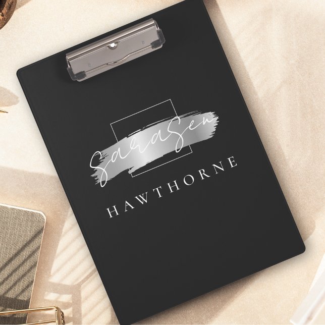 Chic Brush Stroke Black Imitats Silver Brush Monog Klemmbrett (Von Creator hochgeladen)