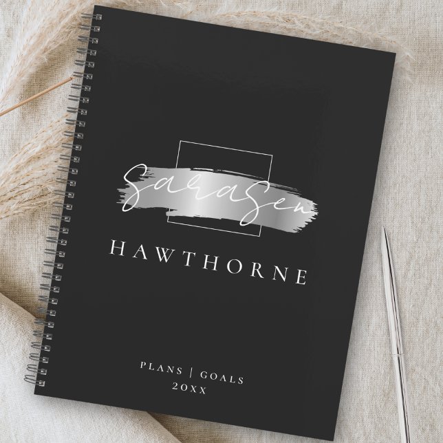 Chic Brush Stroke Black Imitats Silver Brush Monog Planer (Von Creator hochgeladen)