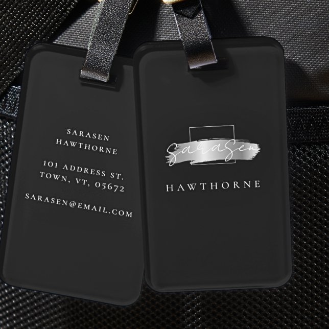 Chic Brush Stroke Black Imitats Silver Monogram Gepäckanhänger (Von Creator hochgeladen)