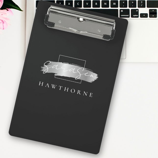 Chic Brush Stroke Black Imitats Silver Monogram Mini Klemmbrett (Von Creator hochgeladen)