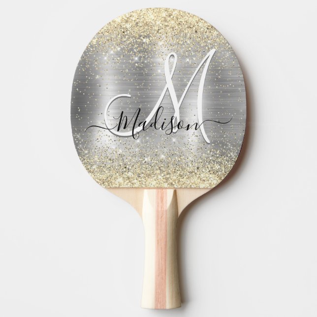 Chic brushed Metal silberne Imitate Glitzer Tischtennis Schläger (Vorderseite)