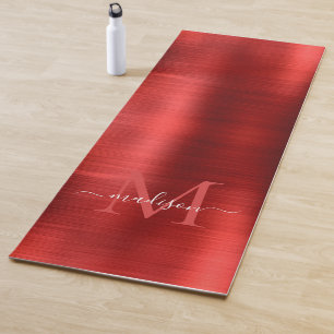 Chic Brushed Metallic Burgundy Red Monogram Script Yogamatte