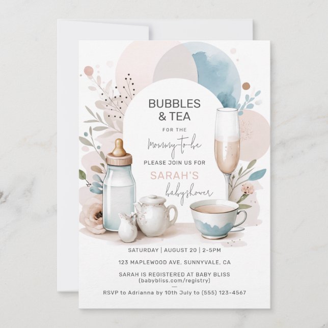 Chic Bubbles & Tea Baby Dusche Einladung (Vorderseite)
