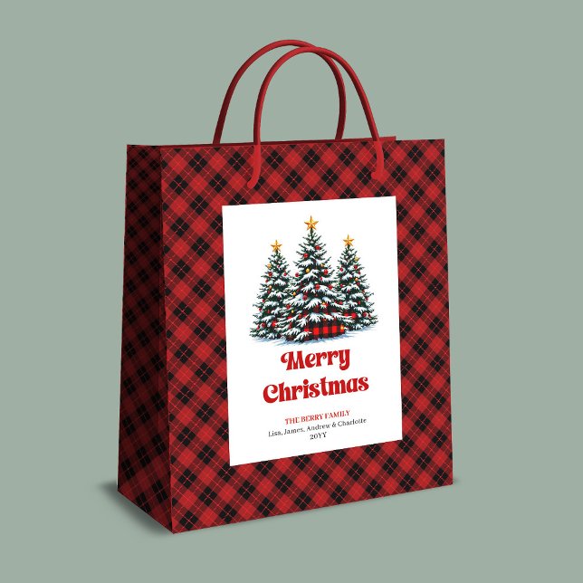 Chic buffalo plaid tree Christmas bag personalized Mittlere Geschenktüte (Chic buffalo plaid tree Christmas bag personalized)