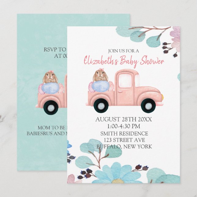 Chic Bunny Eggs Vintag Truck Baby Dusche Einladung (Vorne/Hinten)