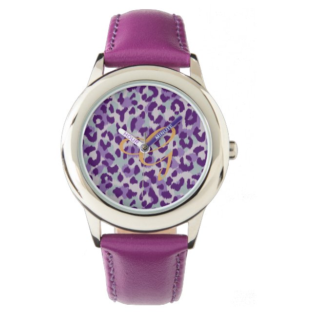 Chic buntes lila Cheetah-Druckmonogramm Armbanduhr (Vorderseite)