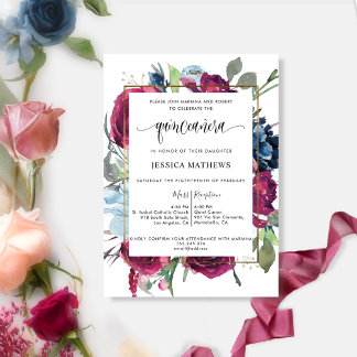 Chic Burgund, Berry Red Blue Floral Quinceñera Einladung