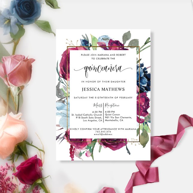 Chic Burgund, Berry Red Blue Floral Quinceñera Einladung (Von Creator hochgeladen)