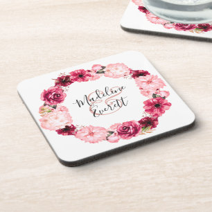 Chic Burgund & Blush Rosa Florales Hochzeitsmonogr Getränkeuntersetzer