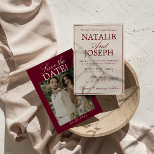 Chic Burgund Creme Old Money Foto Hochzeit Sichern Save The Date