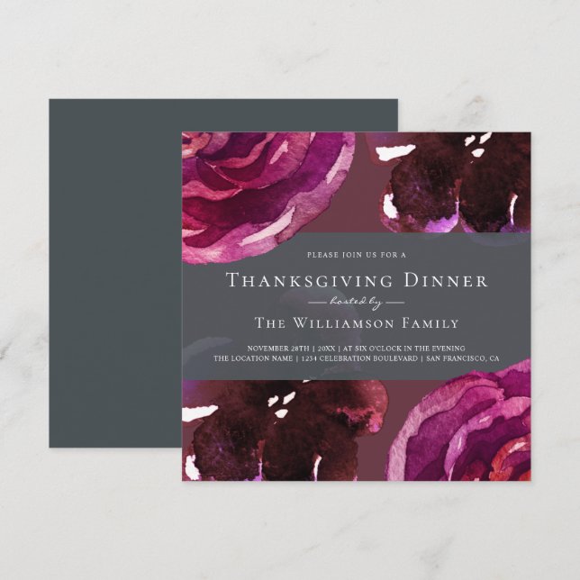 Chic Burgund Floral Erntedank Dinner Einladung (Vorne/Hinten)